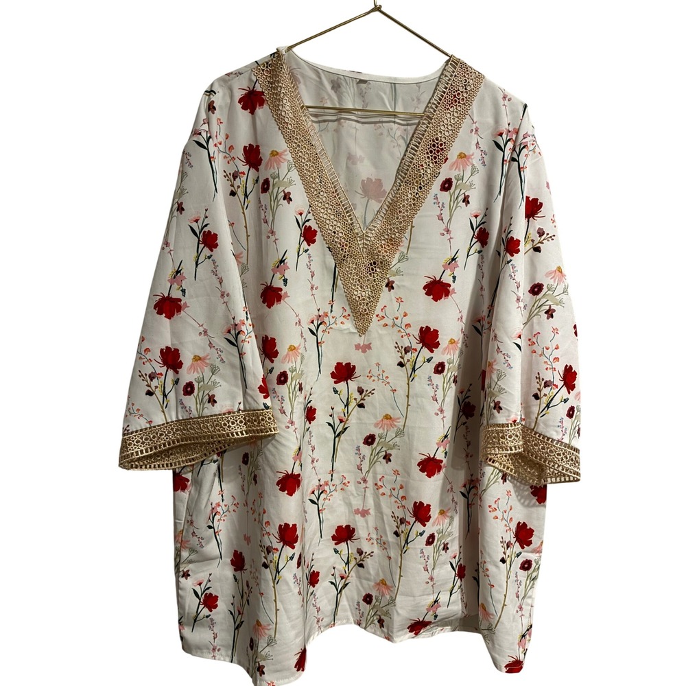 Floral V-Neck Tunic Top White Red Wildflower Gold Crochet Lace Trim 3XL